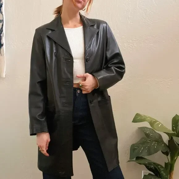 Vintage 1990's Black Leather Oversized Longline Blazer Jacket - Picture 2 of 5